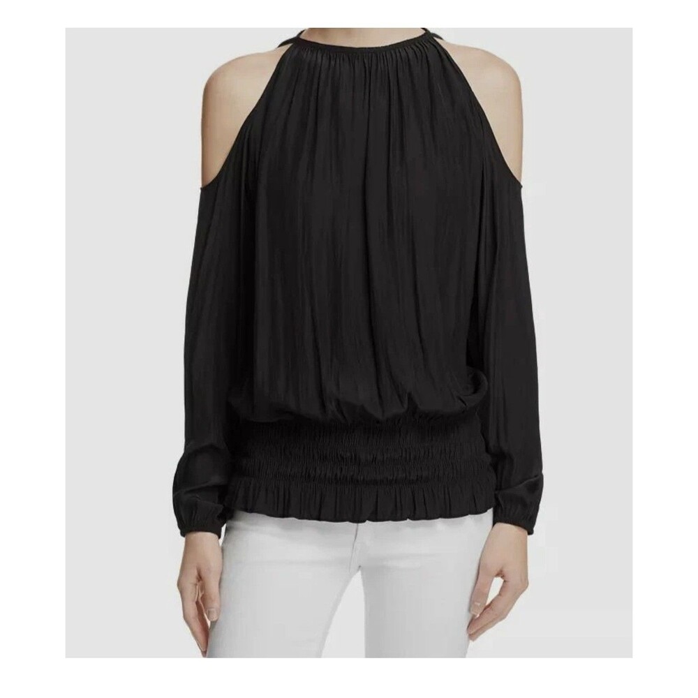 Ramy Brook Shirt Womens XS Black Cold Shoulder Smocked Waist Long Sleeve Blouse